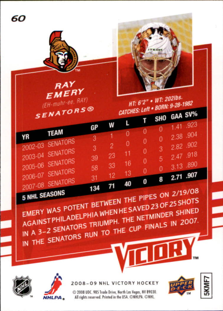 2008-09 Upper Deck Victory #60 Ray Emery back image
