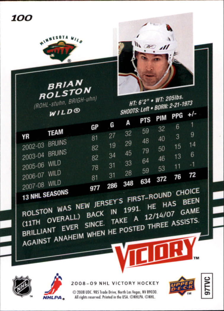 2008-09 Upper Deck Victory #100 Brian Rolston back image