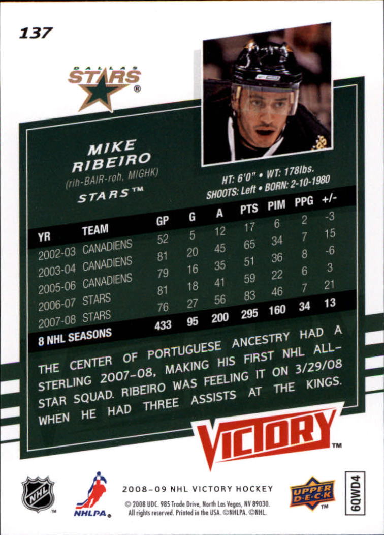 2008-09 Upper Deck Victory #137 Mike Ribeiro back image