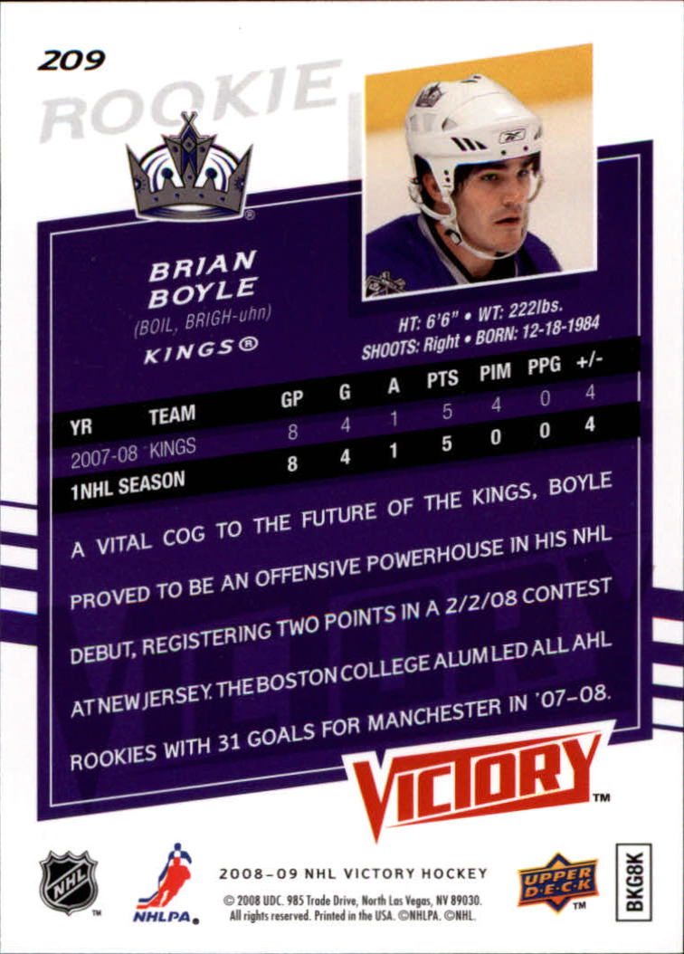 2008-09 Upper Deck Victory #209 Brian Boyle RC back image