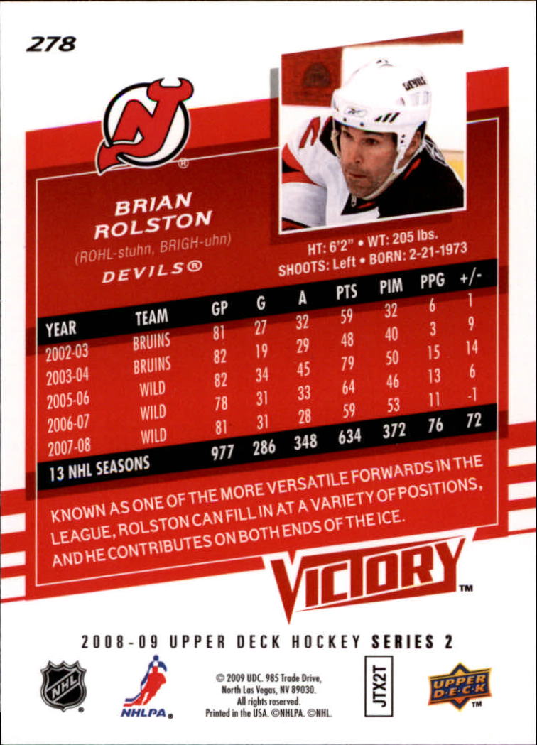 2008-09 Upper Deck Victory #278 Brian Rolston back image