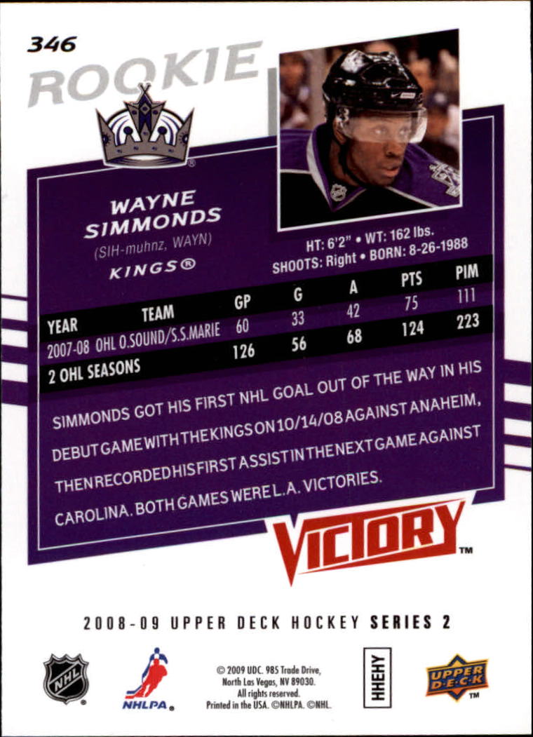 2008-09 Upper Deck Victory #346 Wayne Simmonds RC back image
