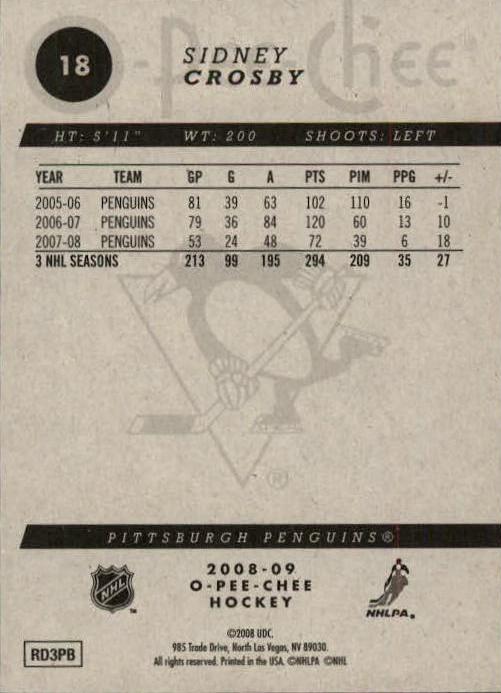 2008-09 O-Pee-Chee #18 Sidney Crosby back image