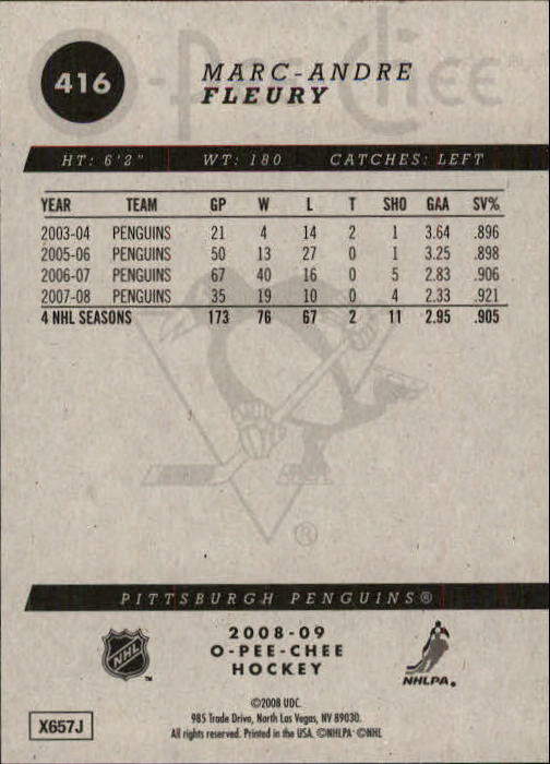 2008-09 O-Pee-Chee #416 Marc-Andre Fleury back image