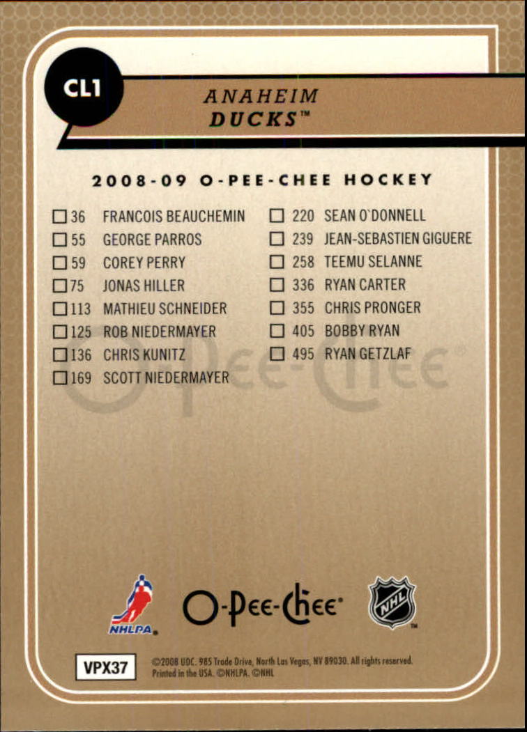 2008-09 O-Pee-Chee Team Checklists #CL1 Anaheim Ducks back image