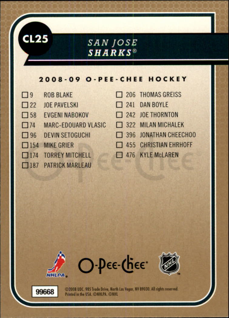 2008-09 O-Pee-Chee Team Checklists #CL25 San Jose Sharks back image