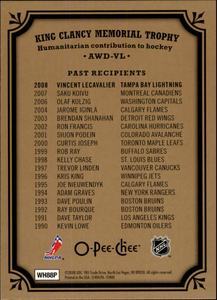 2008-09 O-Pee-Chee Trophy Cards #AWDVL King Clancy Memorial Trophy back image