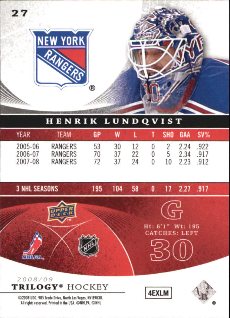 2008-09 Upper Deck Trilogy #27 Henrik Lundqvist back image