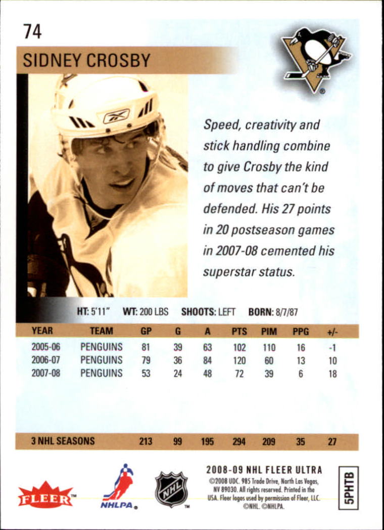 2008-09 Ultra #74 Sidney Crosby back image