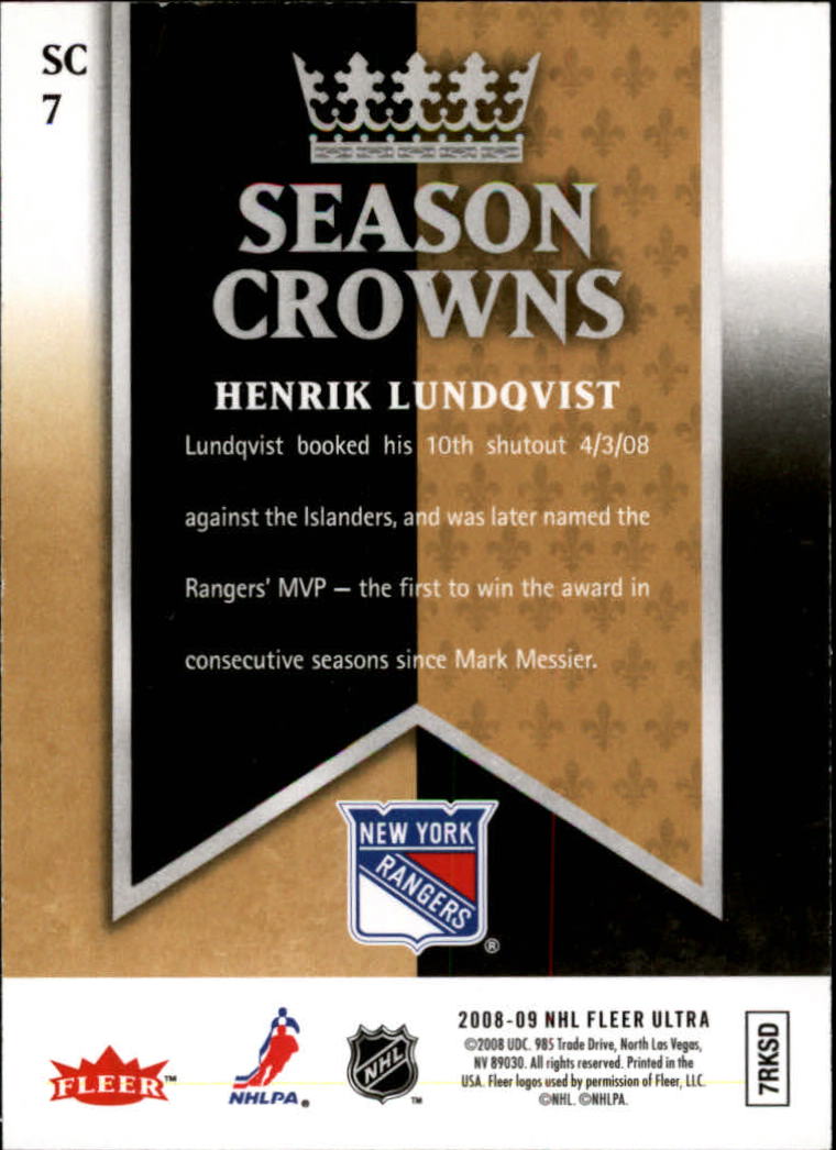 2008-09 Ultra Season Crowns #SC7 Henrik Lundqvist back image