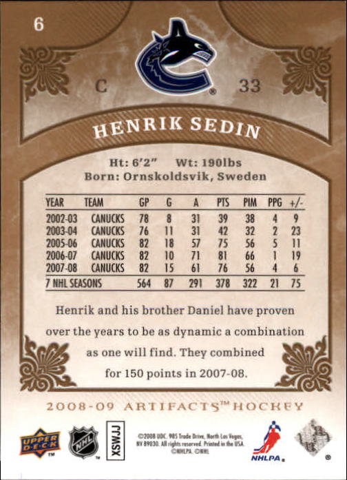 2008-09 Artifacts #6 Henrik Sedin back image