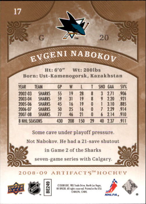 2008-09 Artifacts #17 Evgeni Nabokov back image