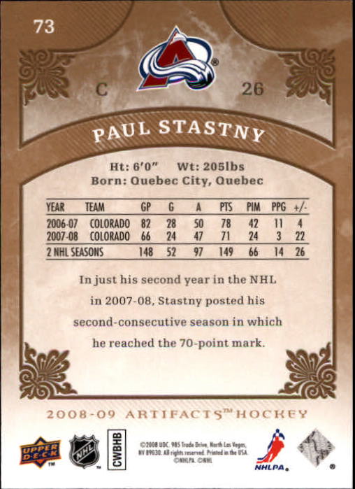 2008-09 Artifacts #73 Paul Stastny back image