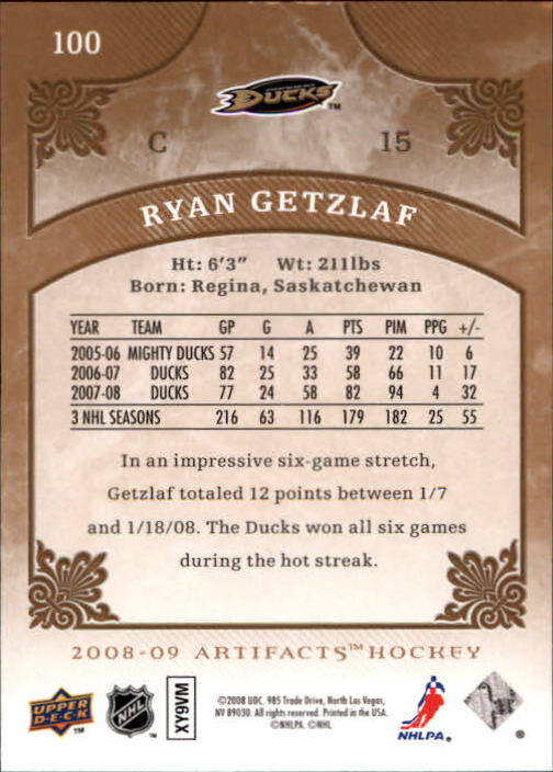 2008-09 Artifacts #100 Ryan Getzlaf back image