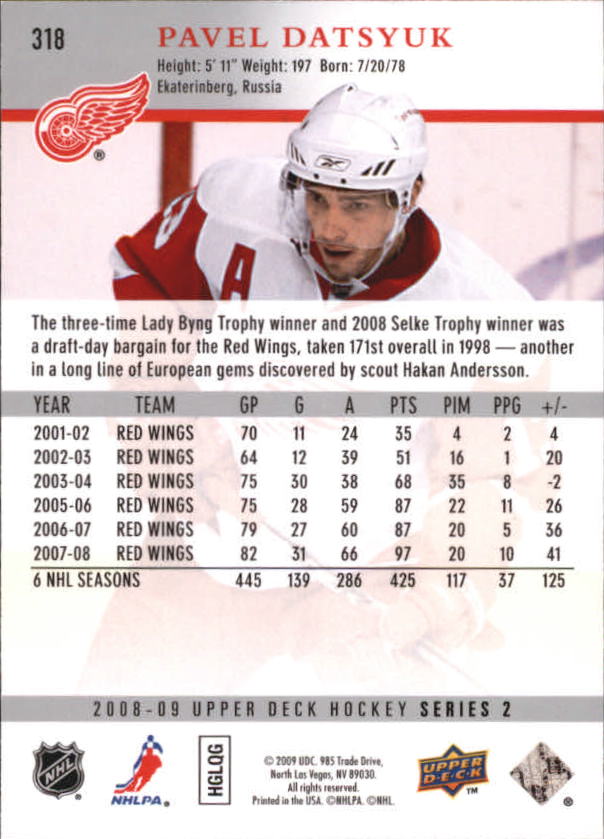 2008-09 Upper Deck #318 Pavel Datsyuk back image