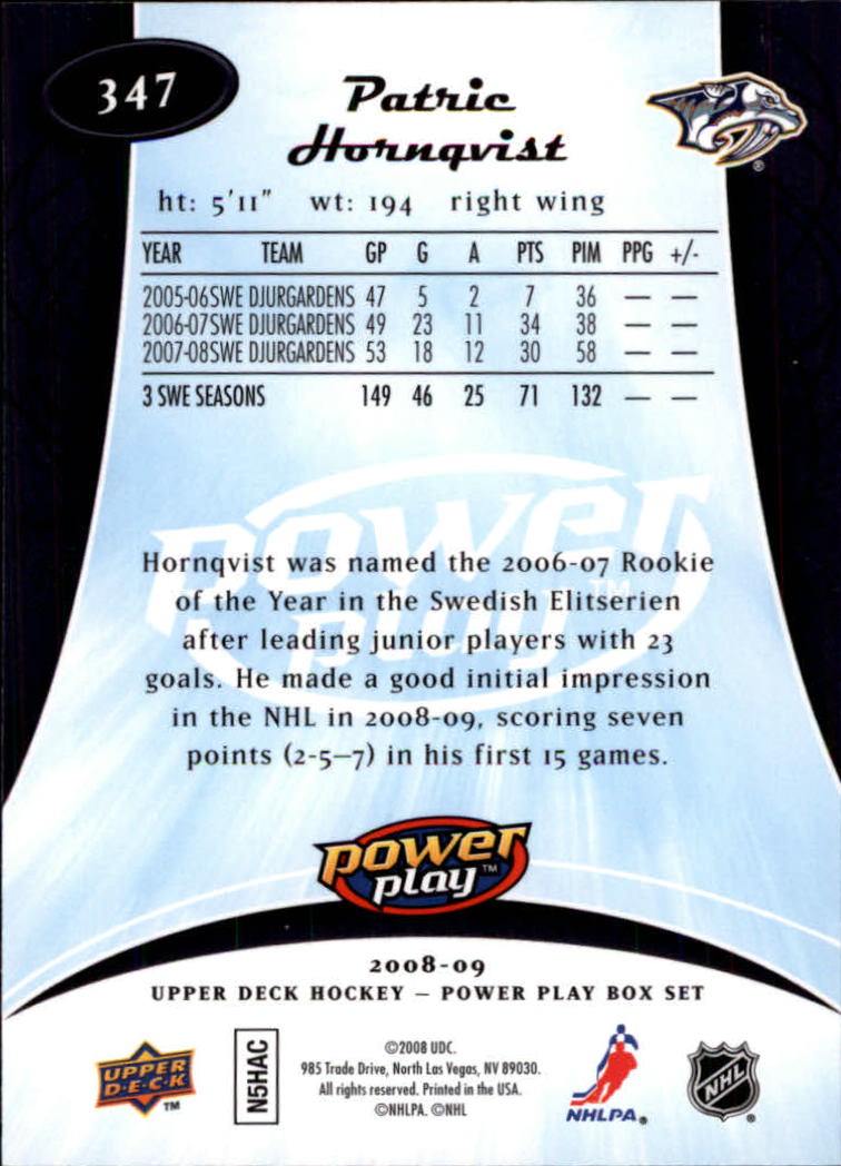2008-09 Upper Deck Power Play #347 Patric Hornqvist RC back image