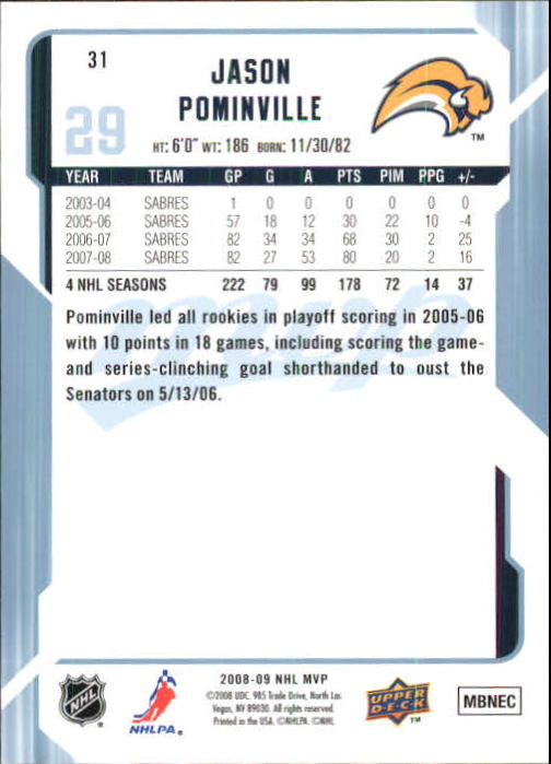 2008-09 Upper Deck MVP #31 Jason Pominville back image