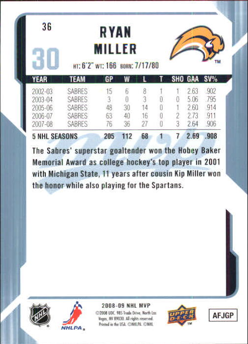 2008-09 Upper Deck MVP #36 Ryan Miller back image