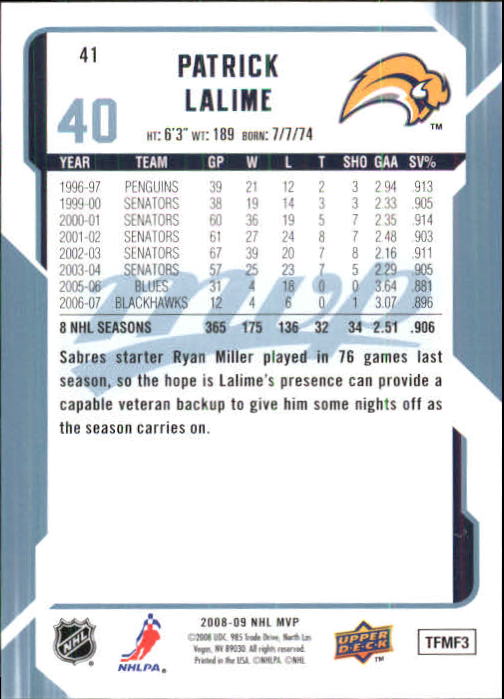 2008-09 Upper Deck MVP #41 Patrick Lalime back image