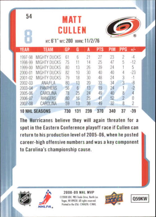 2008-09 Upper Deck MVP #54 Matt Cullen back image