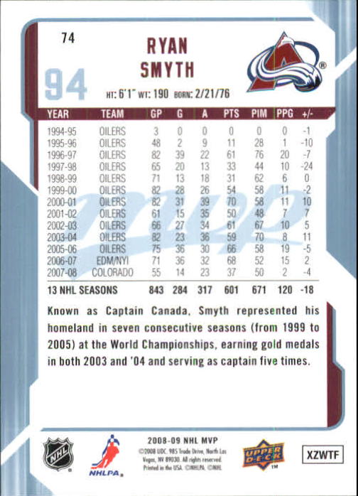 2008-09 Upper Deck MVP #74 Ryan Smyth back image