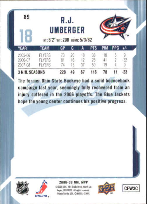 2008-09 Upper Deck MVP #89 R.J. Umberger back image