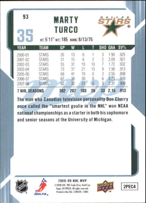 2008-09 Upper Deck MVP #93 Marty Turco back image