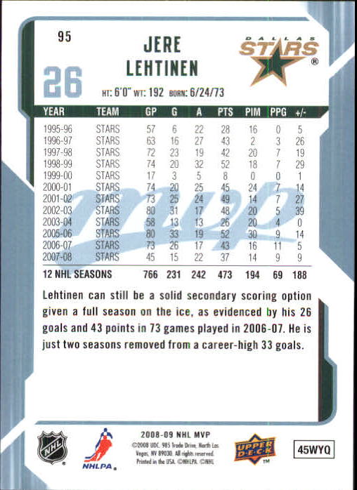 2008-09 Upper Deck MVP #95 Jere Lehtinen back image