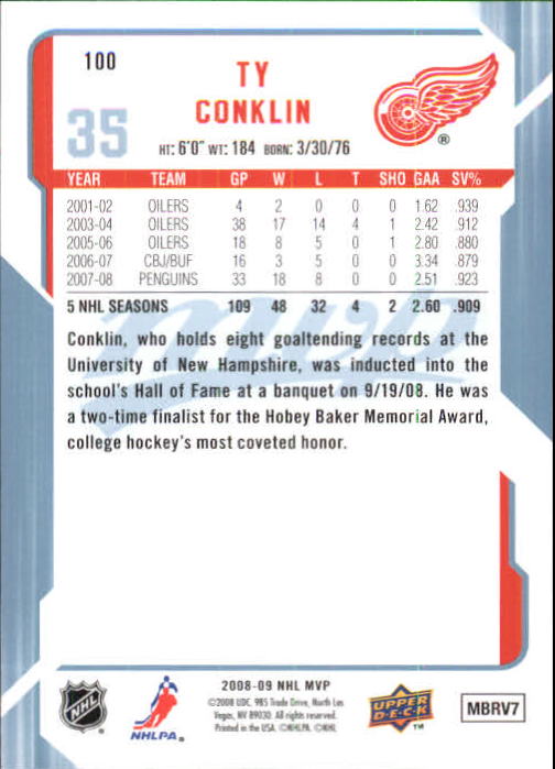 2008-09 Upper Deck MVP #100 Ty Conklin back image