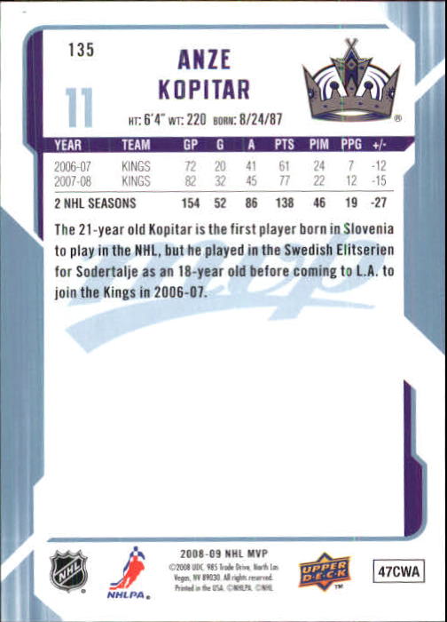 2008-09 Upper Deck MVP #135 Anze Kopitar back image