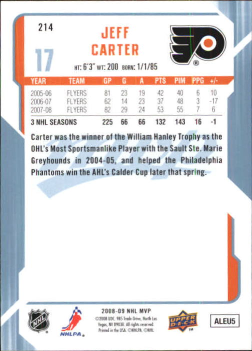 2008-09 Upper Deck MVP #214 Jeff Carter back image