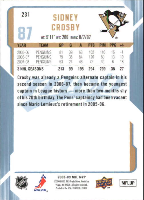 2008-09 Upper Deck MVP #231 Sidney Crosby back image