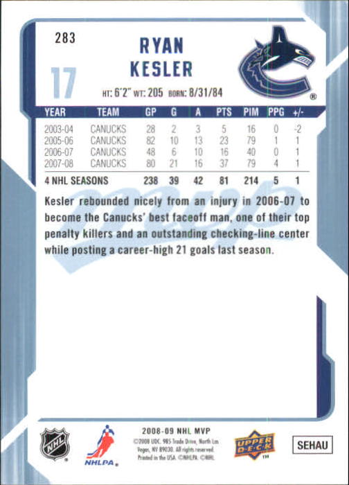 2008-09 Upper Deck MVP #283 Ryan Kesler back image
