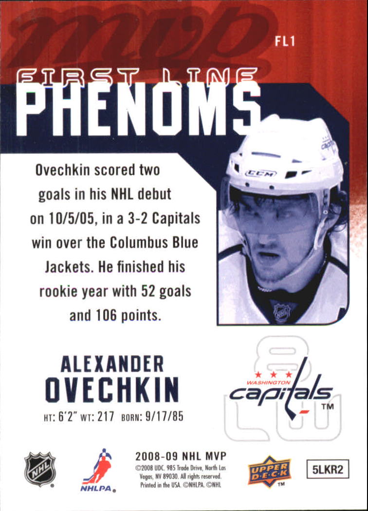 2008-09 Upper Deck MVP First Line Phenoms #FL1 Alexander Ovechkin back image