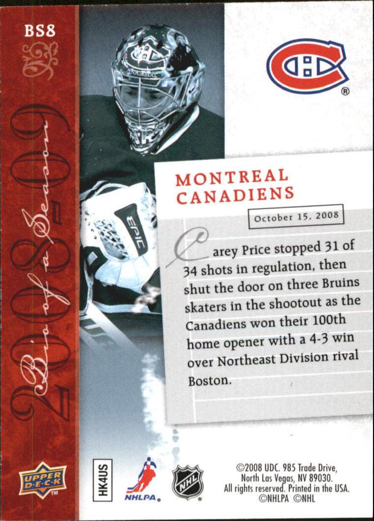 2008-09 Upper Deck Biography of a Season #BS8 Montreal Canadiens/Carey Price back image