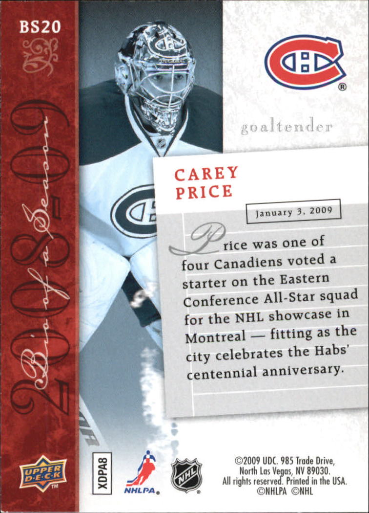 2008-09 Upper Deck Biography of a Season #BS20 Carey Price back image