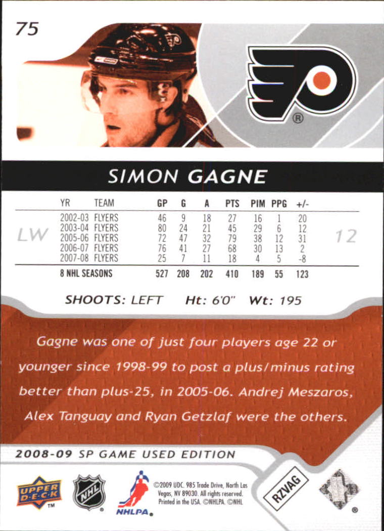 2008-09 SP Game Used #75 Simon Gagne back image