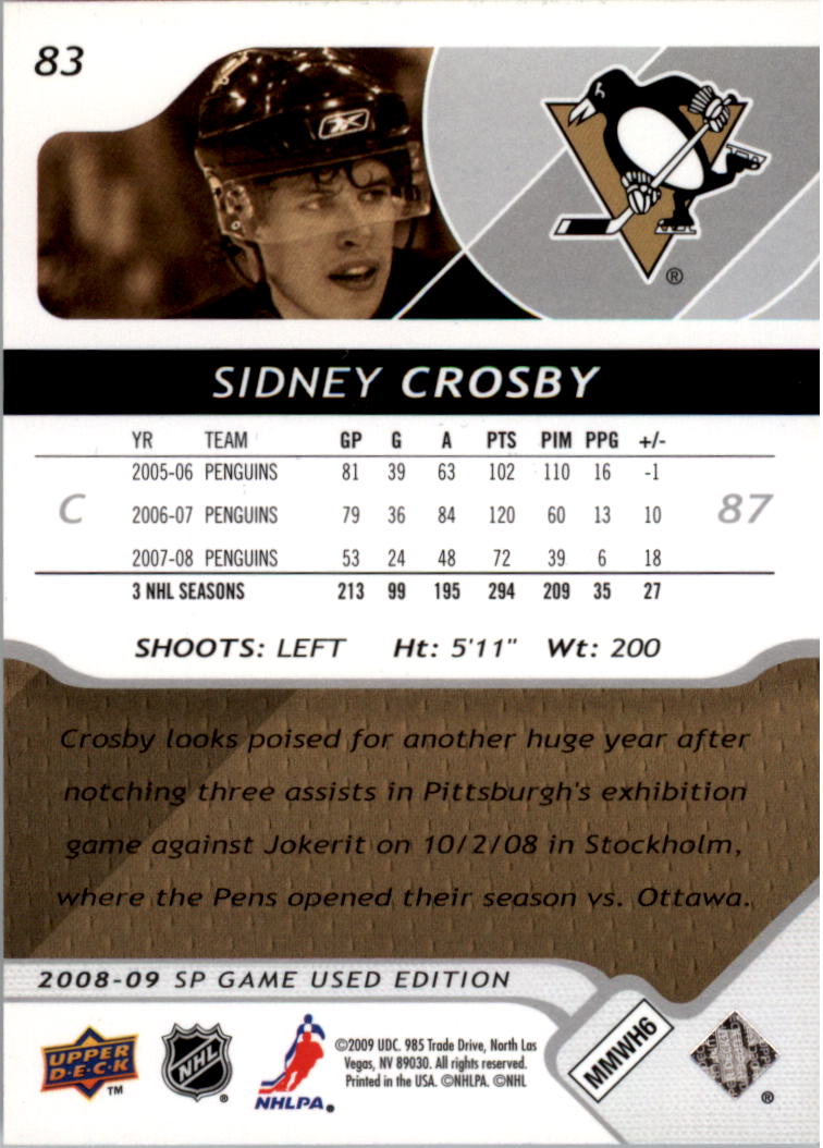 2008-09 SP Game Used #83 Sidney Crosby back image