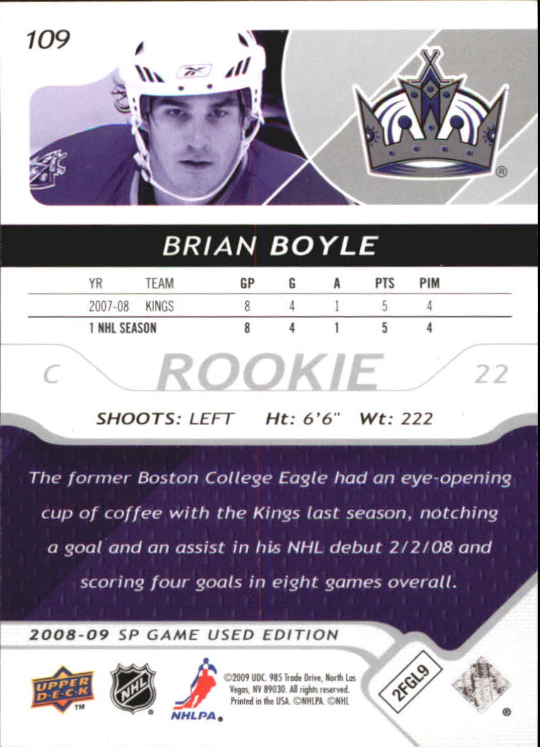 2008-09 SP Game Used #109 Brian Boyle RC back image