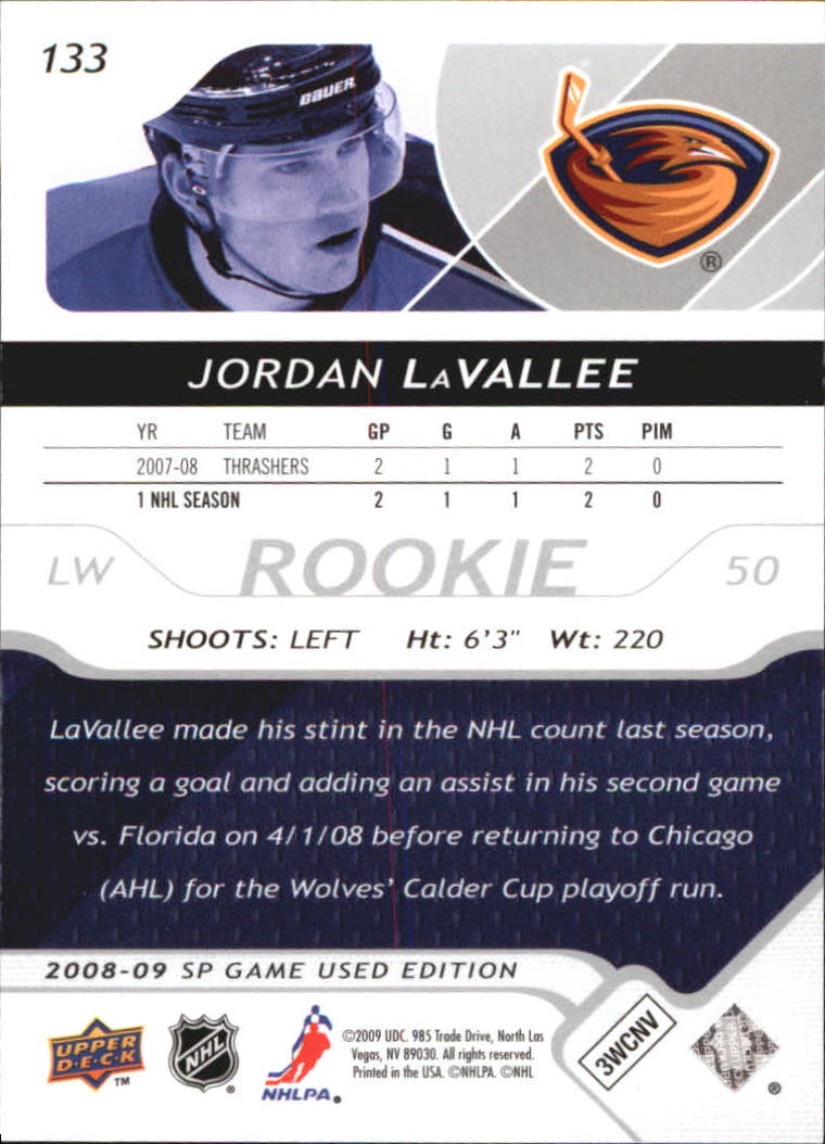 2008-09 SP Game Used #133 Jordan LaVallee RC back image