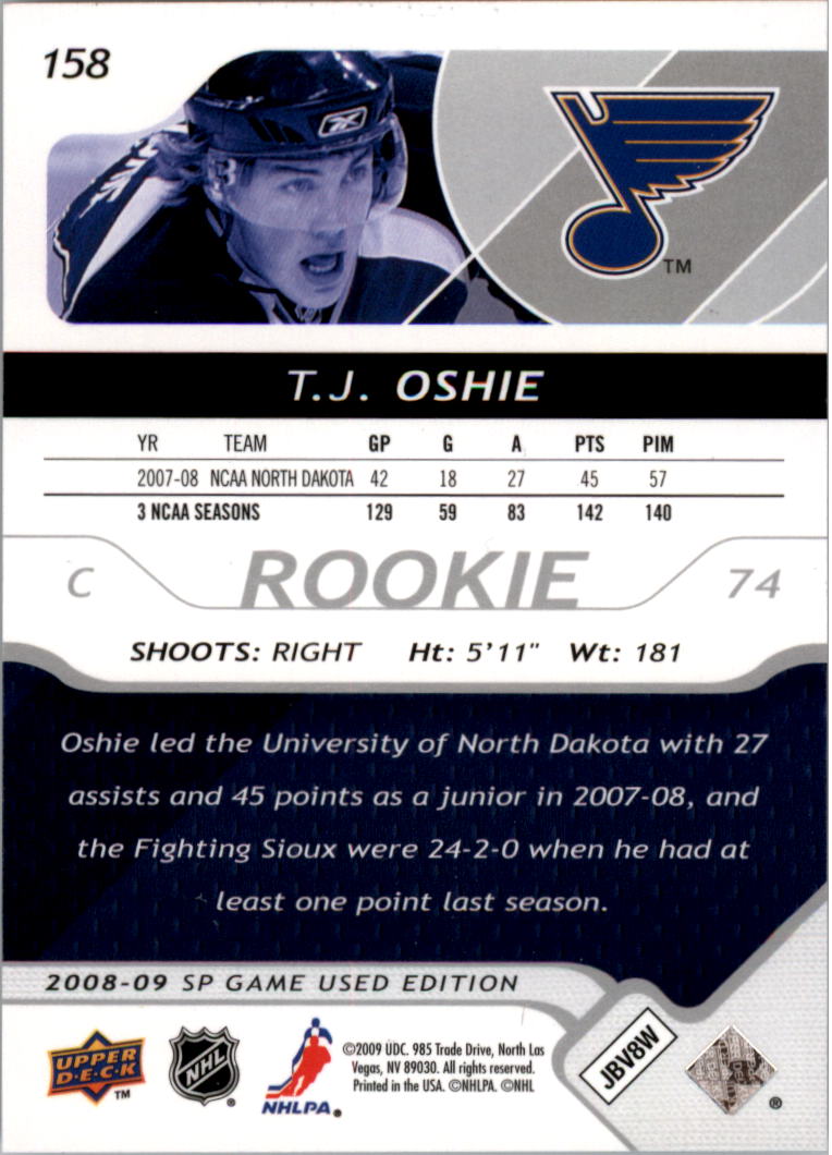 2008-09 SP Game Used #158 T.J. Oshie RC back image