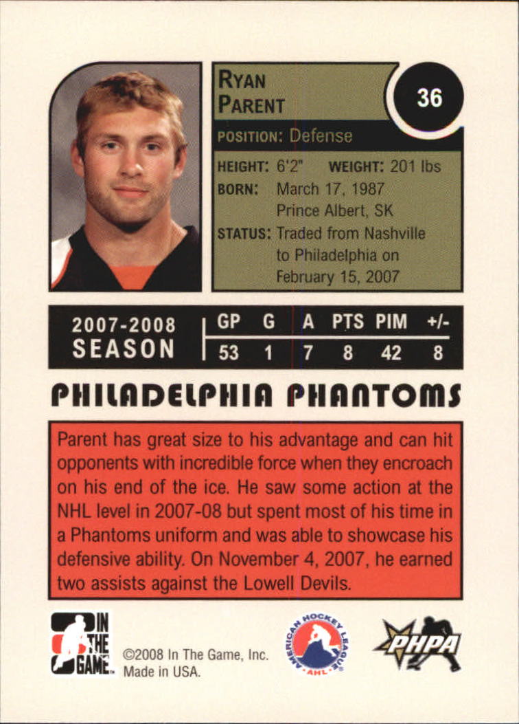 2008-09 ITG Heroes and Prospects #36 Ryan Parent back image