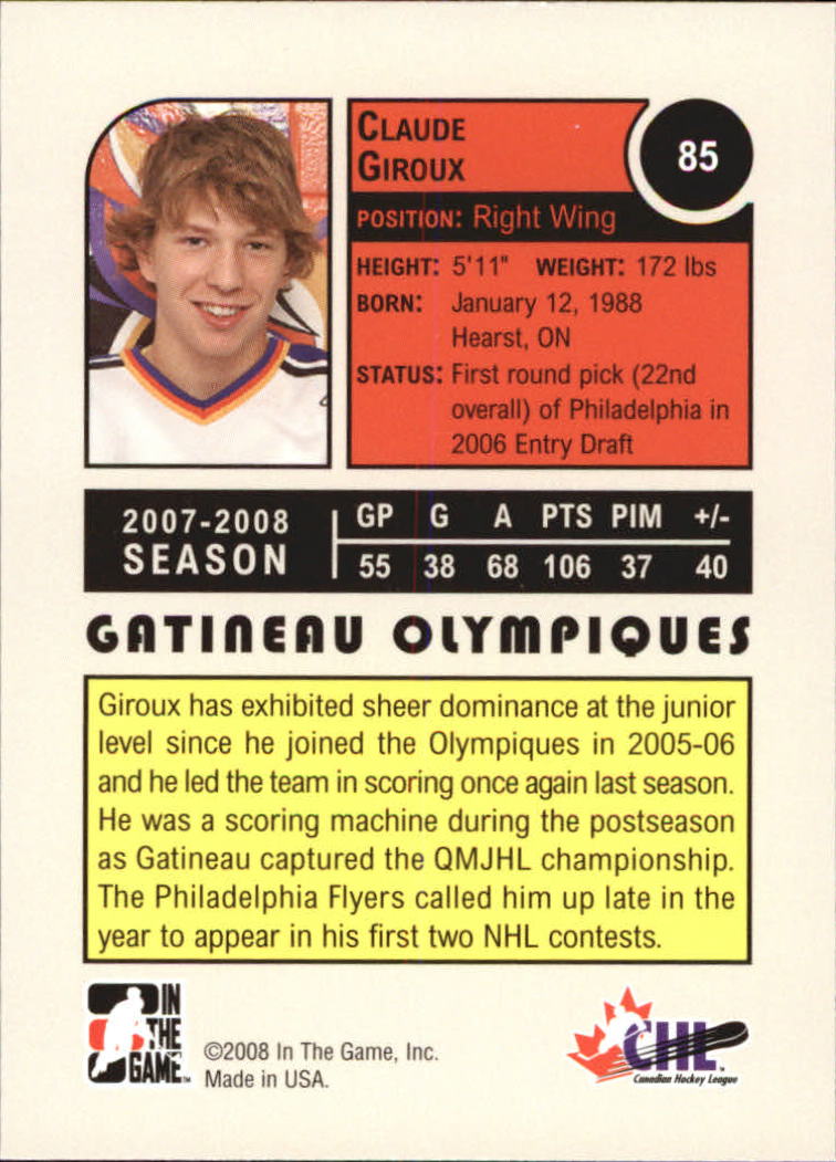 2008-09 ITG Heroes and Prospects #85 Claude Giroux back image