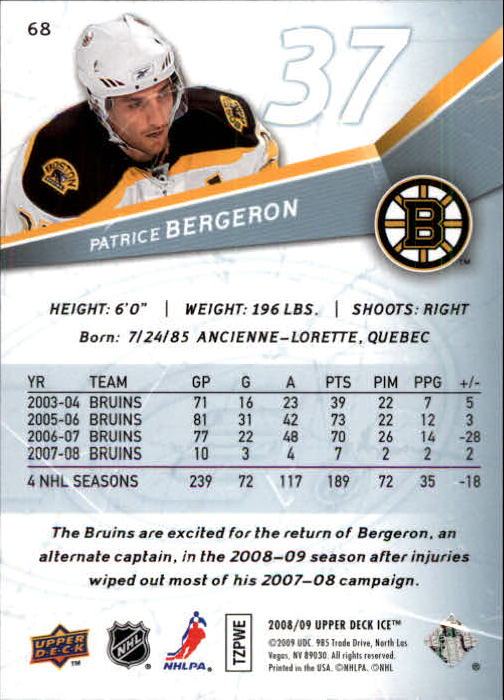 2008-09 Upper Deck Ice #68 Patrice Bergeron back image