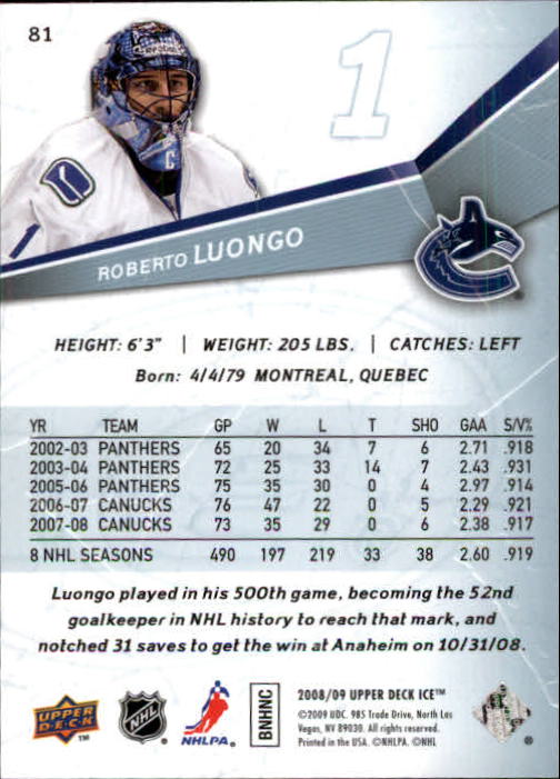 2008-09 Upper Deck Ice #81 Roberto Luongo back image