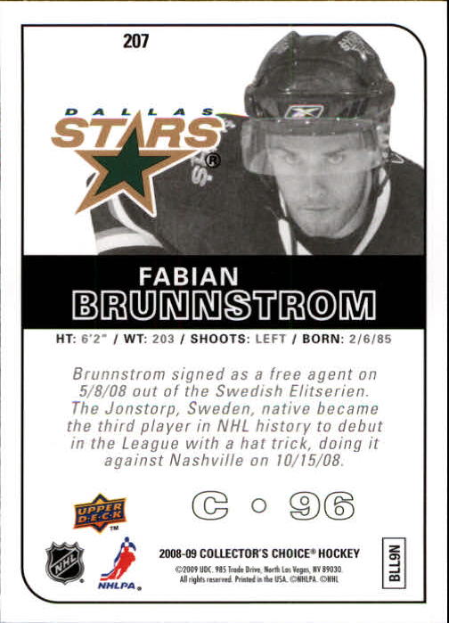 2008-09 Collector's Choice #207 Fabian Brunnstrom RC back image