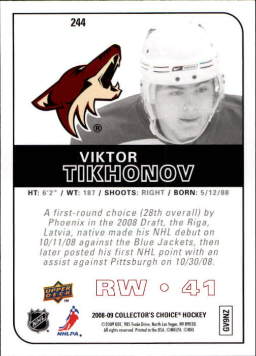 2008-09 Collector's Choice #244 Viktor Tikhonov RC back image