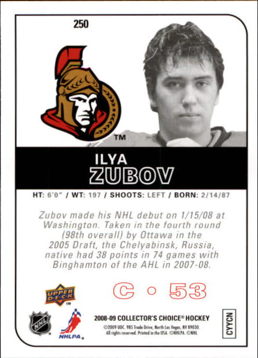 2008-09 Collector's Choice #250 Ilya Zubov RC back image