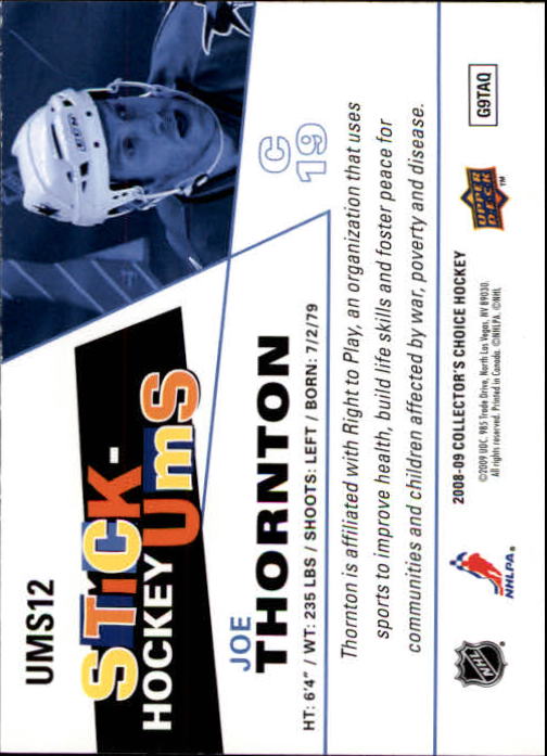 2008-09 Collector's Choice Stick-Ums #UMS12 Joe Thornton back image
