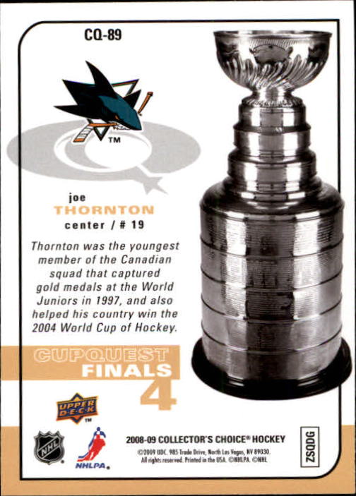 2008-09 Collector's Choice Cup Quest #CQ89 Joe Thornton F back image